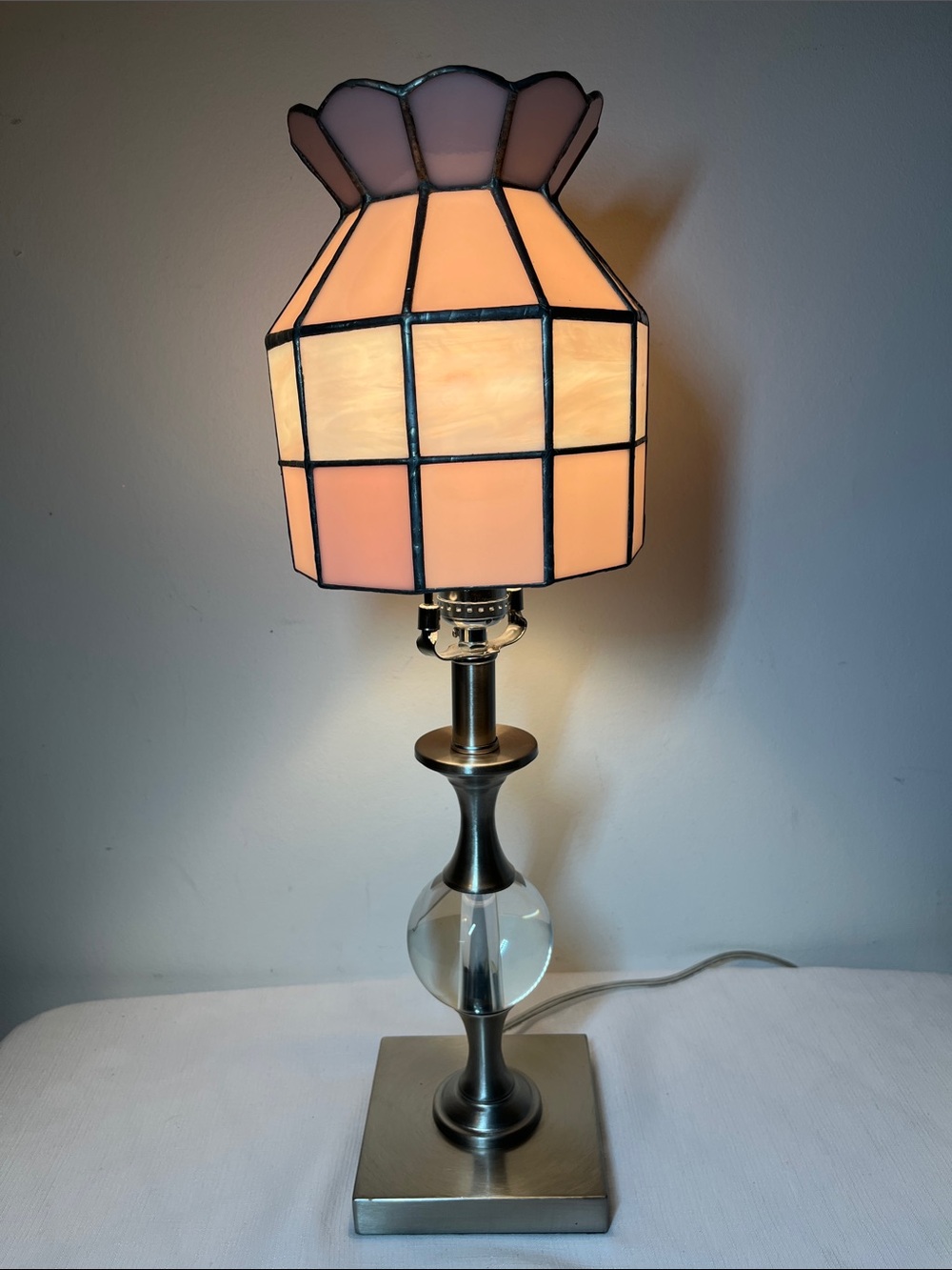 Glass and Metal Table Lamp with Pink Stained-Glass Shade